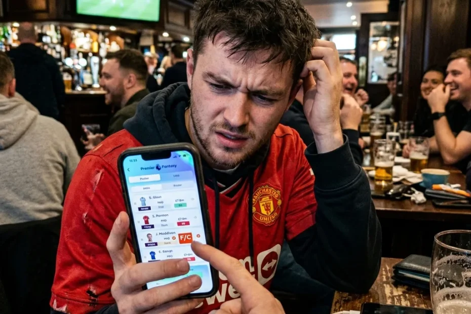 Confused soccer fan looking at F/C abbreviation on smartphone app.