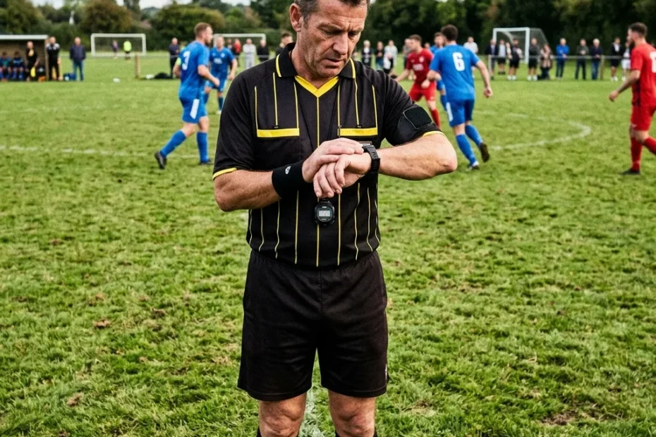 Soccer referee checking their watch to see how long the game has left