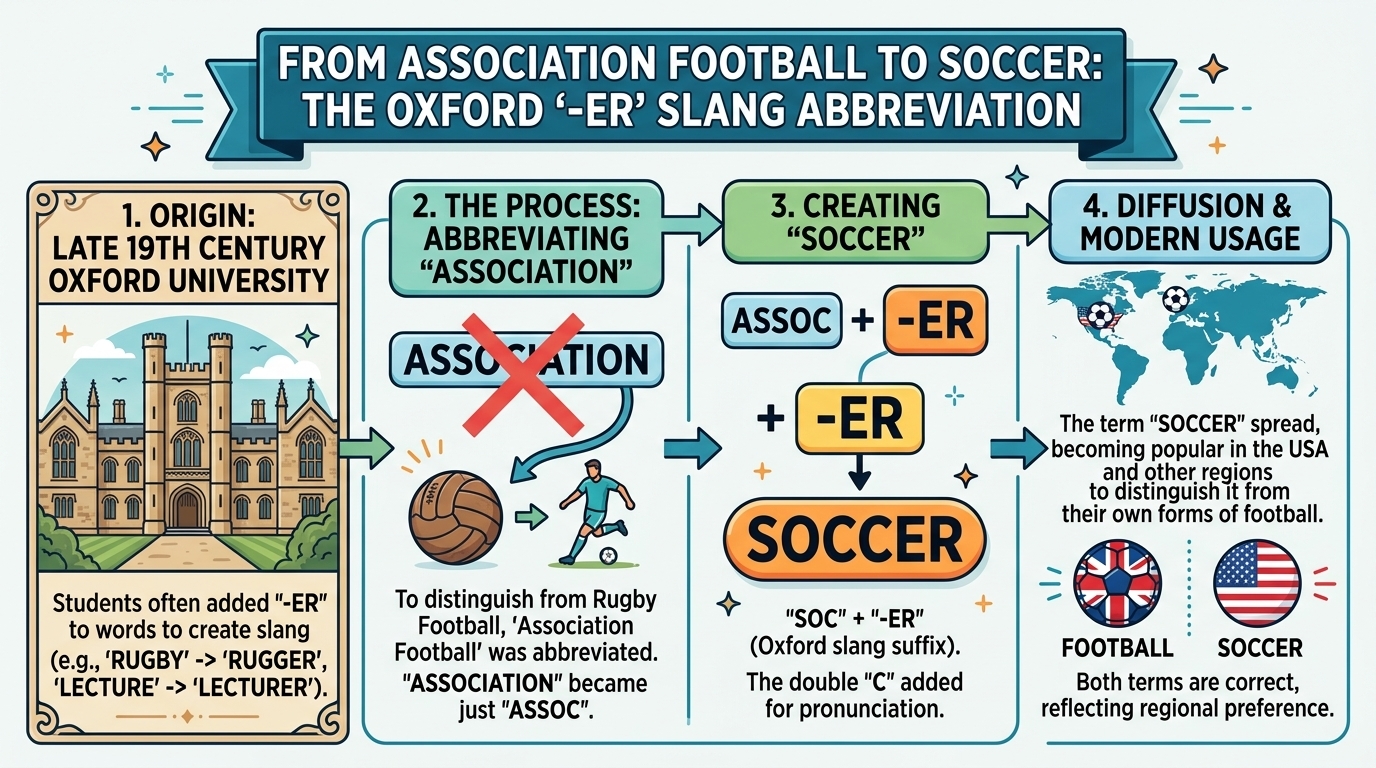 Abbreviation for Soccer: The Shocking British Origins 2 Diagram explaining the Oxford -er slang abbreviation from Association Football to soccer
