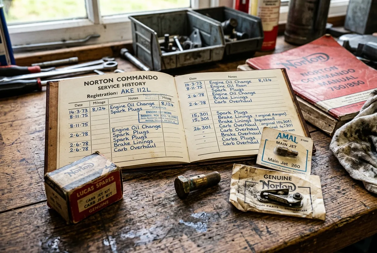 Invest in Motorcycles: The Brutal Truth About ROI & Hidden Costs 2 Close up of original OEM parts and service history documentation for a vintage motorcycle