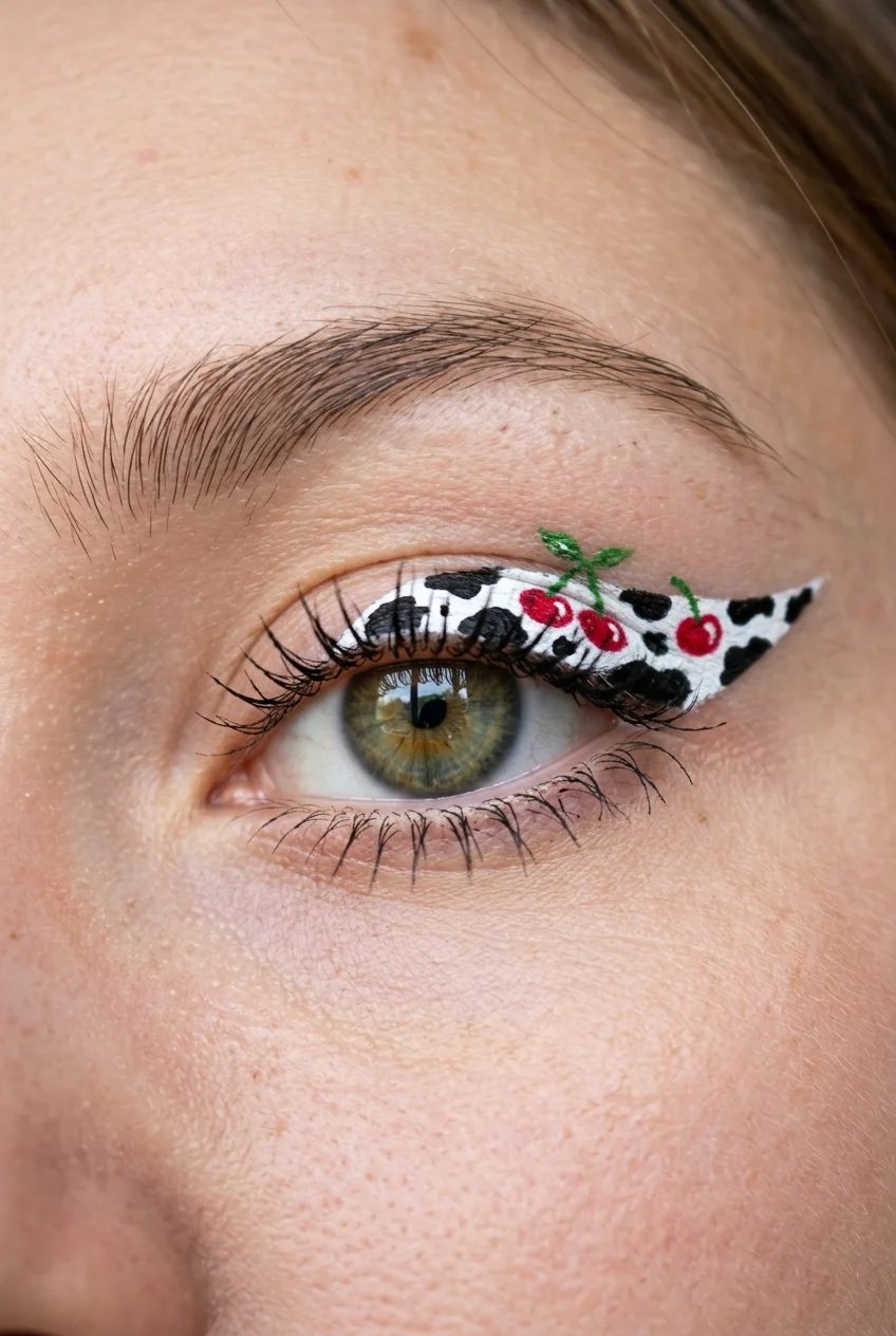 30 Cow Makeup Looks That Will Give You Major Inspiration 18 Cow print and cherry graphic liner