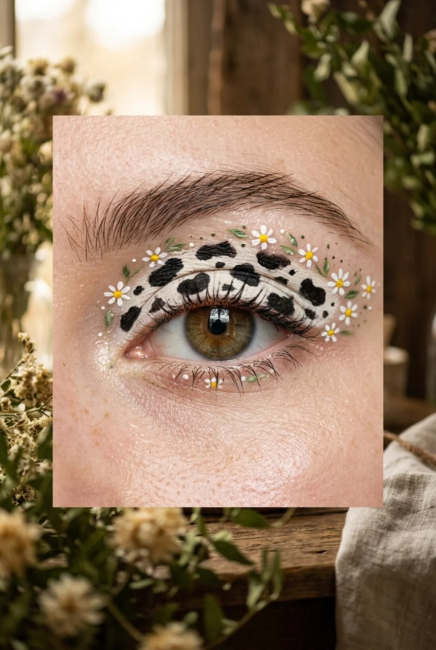 30 Cow Makeup Looks That Will Give You Major Inspiration 27 Cow print with daisy flowers