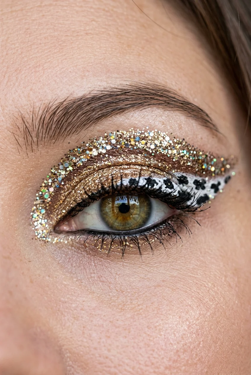 30 Cow Makeup Looks That Will Give You Major Inspiration 5 Glitter halo eye with cow print accents