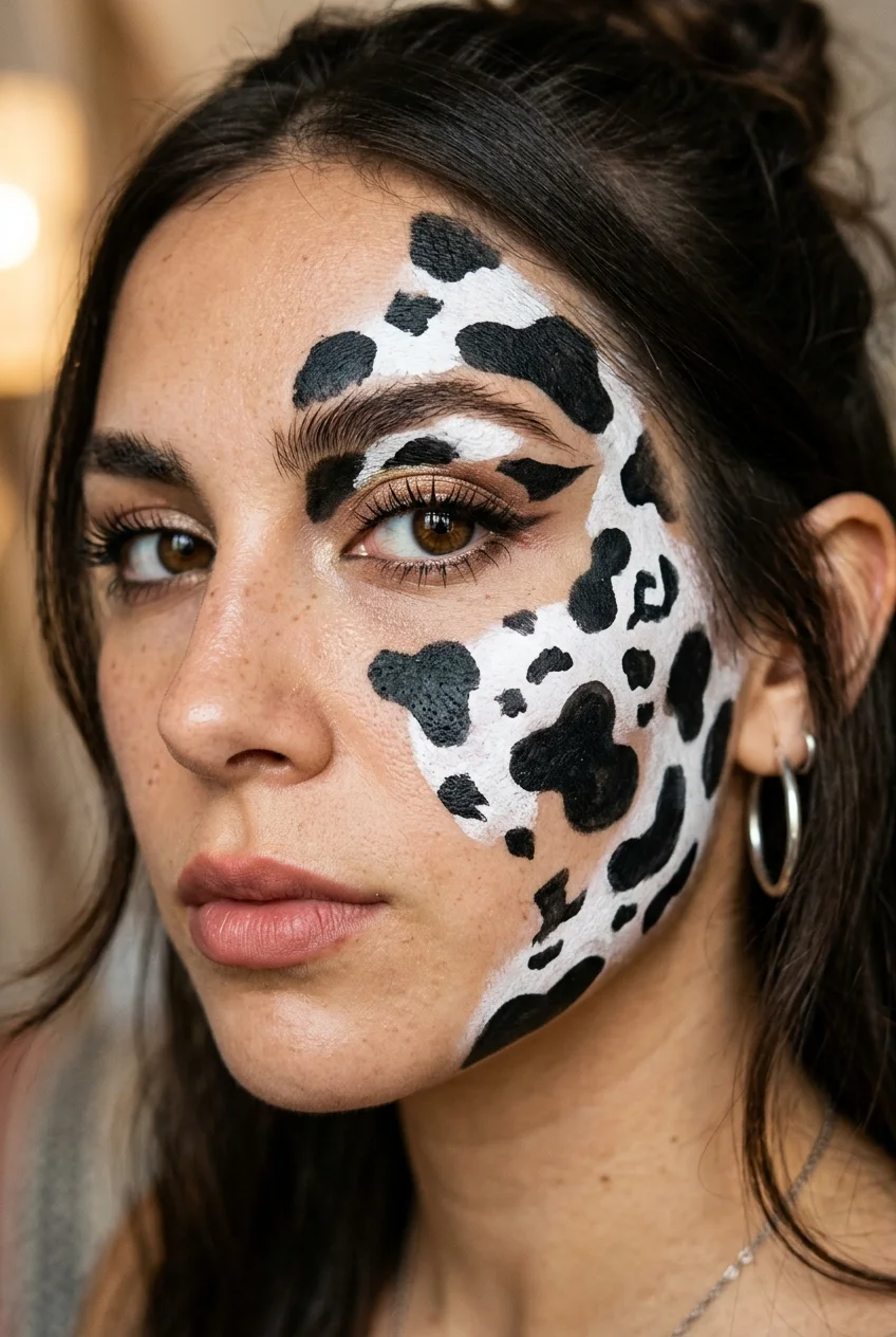 30 Cow Makeup Looks That Will Give You Major Inspiration 25 Half-face asymmetrical cow print