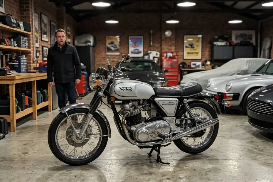 Invest in Motorcycles: The Brutal Truth About ROI & Hidden Costs 1 A pristine modern classic analog motorcycle parked in a high-end collector garage