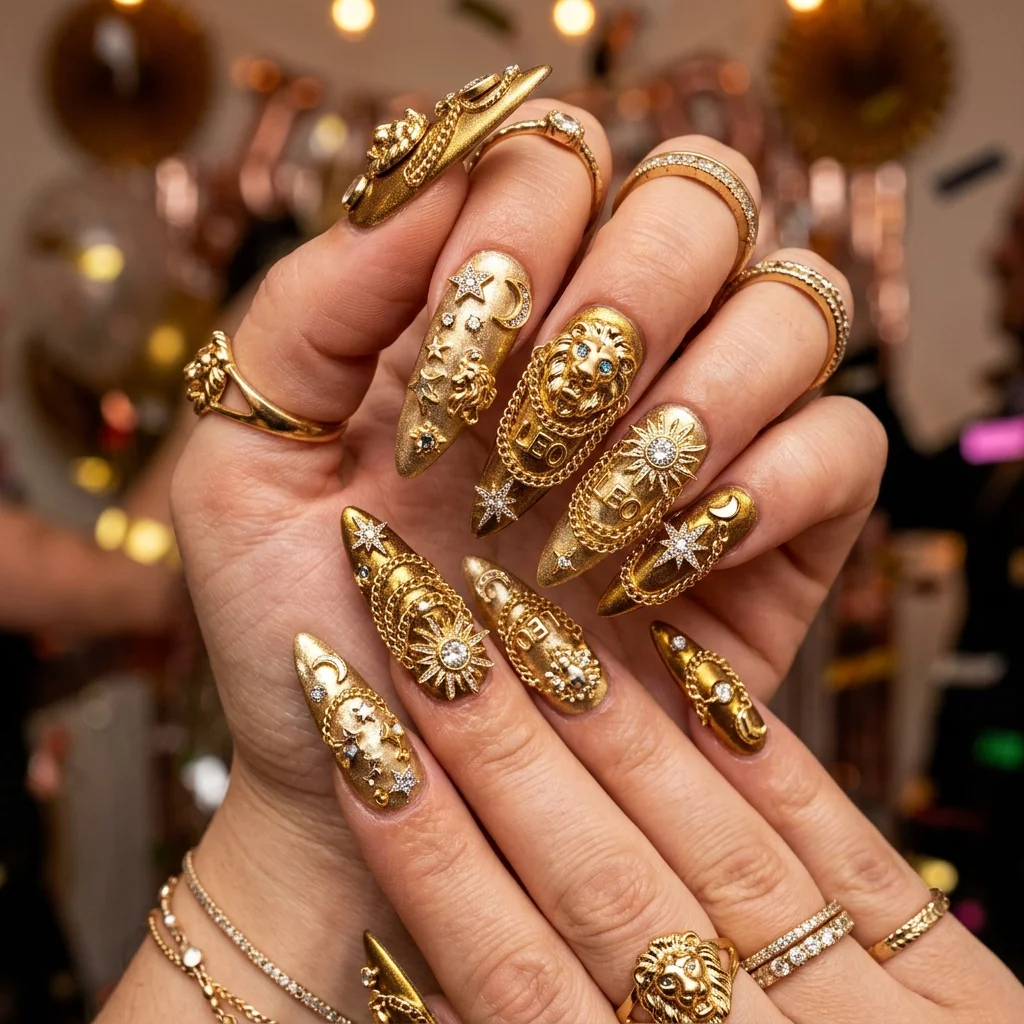 30 Leo Birthday Nails That Are Absolutely Fierce 31 Maximalist Leo charm clutter nails