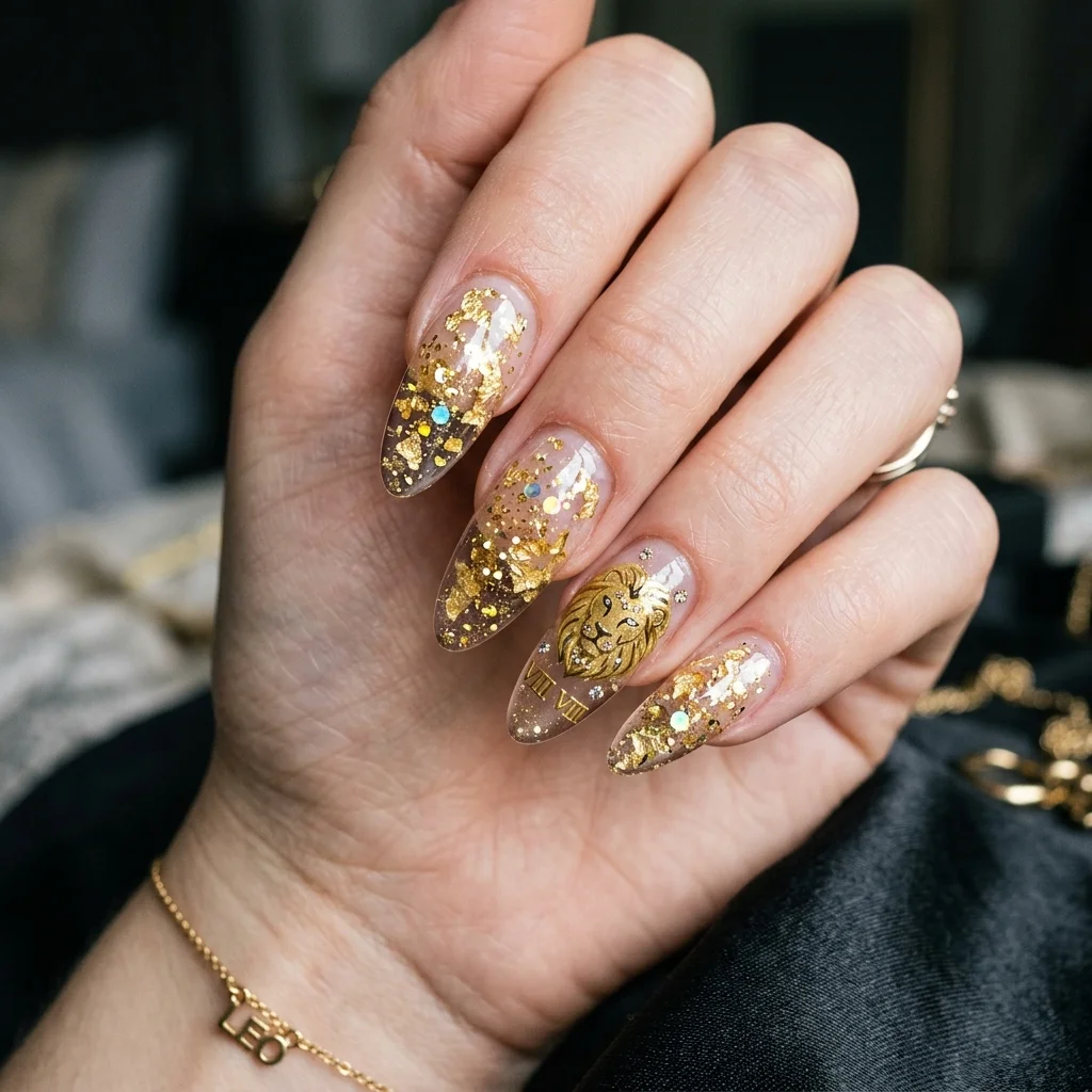 30 Leo Birthday Nails That Are Absolutely Fierce 13 Encapsulated gold flakes nails