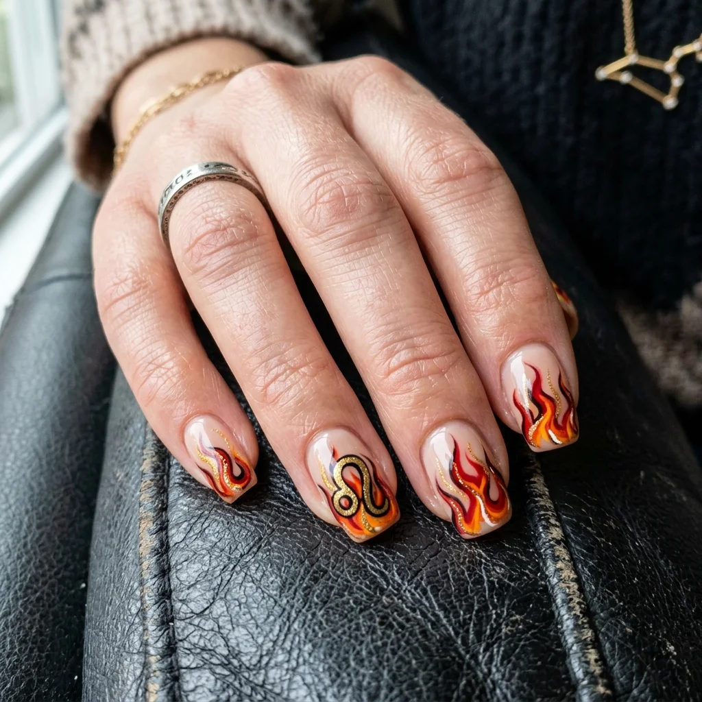 30 Leo Birthday Nails That Are Absolutely Fierce 10 Abstract fire accents nails