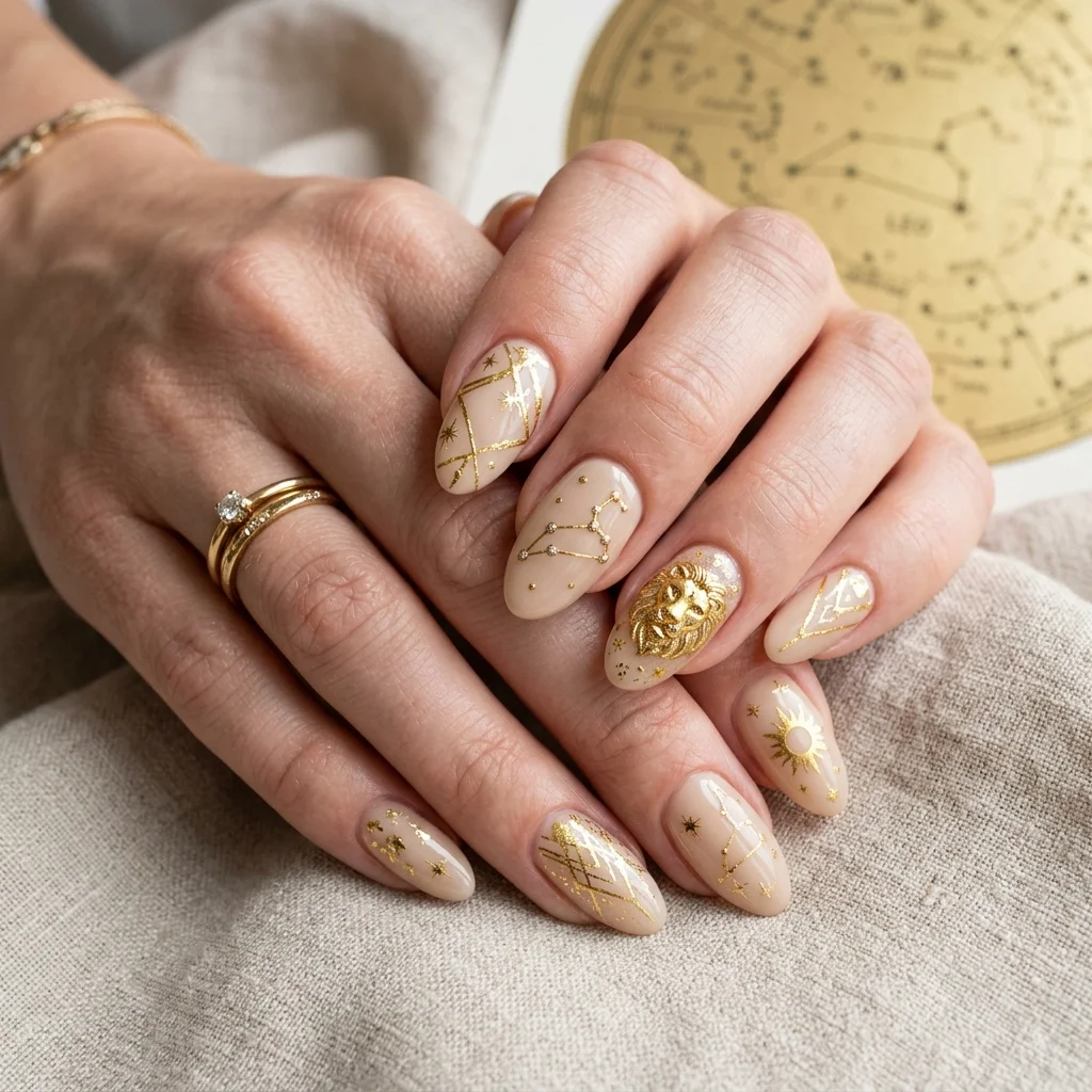 30 Leo Birthday Nails That Are Absolutely Fierce 2 Classic gold foil Leo nails