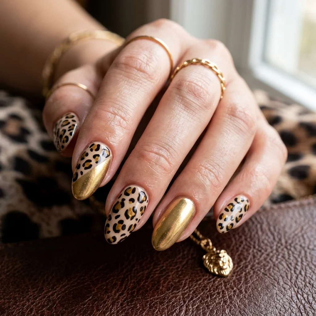 30 Leo Birthday Nails That Are Absolutely Fierce 28 Leopard and gold mashup nails
