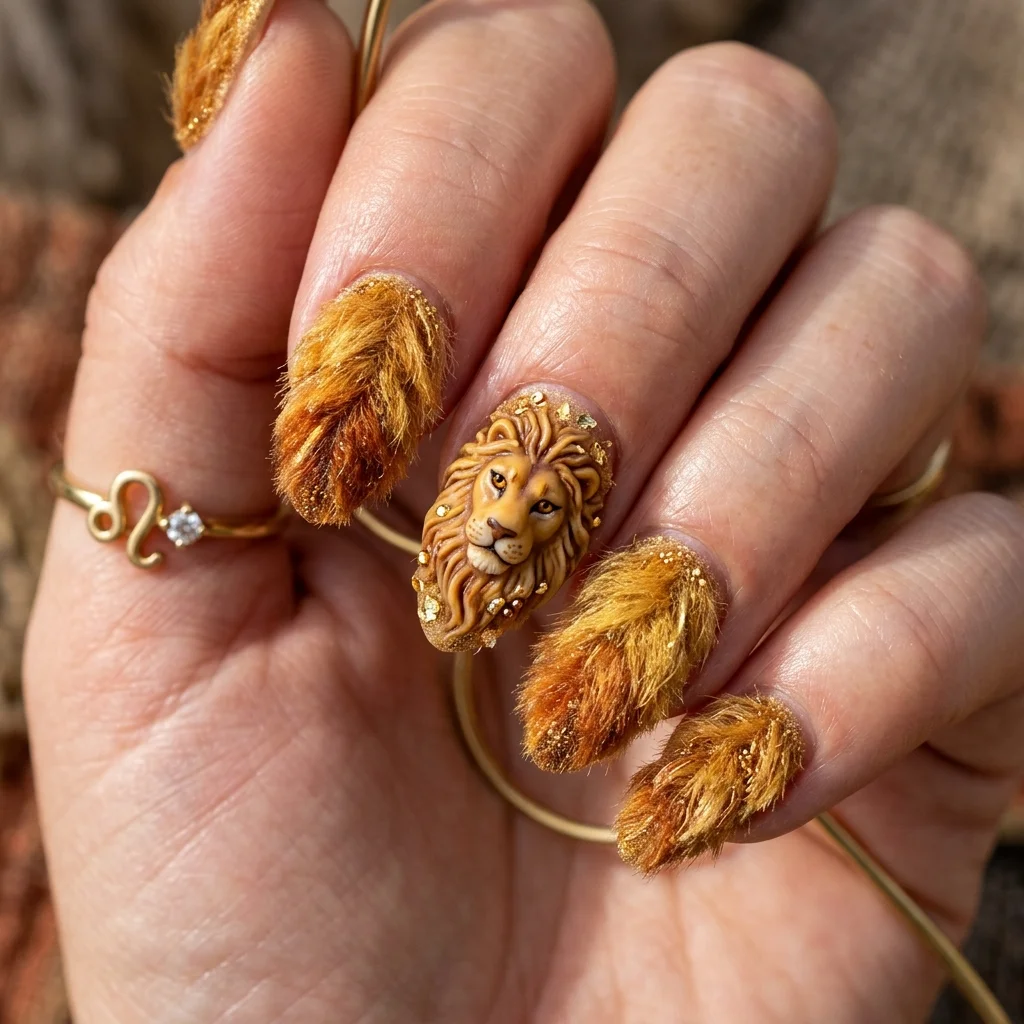 30 Leo Birthday Nails That Are Absolutely Fierce 19 Lion mane textured art nails