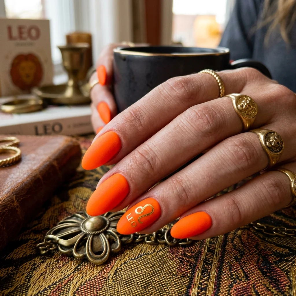 30 Leo Birthday Nails That Are Absolutely Fierce 14 Neon orange matte finish nails