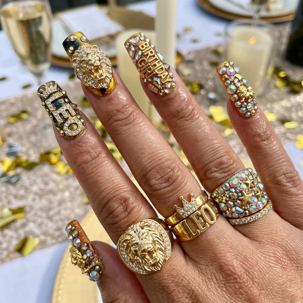 30 Leo Birthday Nails That Are Absolutely Fierce 6 Bedazzled birthday rhinestones nails
