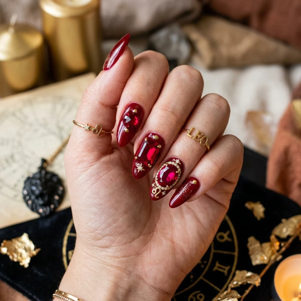 30 Leo Birthday Nails That Are Absolutely Fierce 20 Ruby red birthstone accents nails