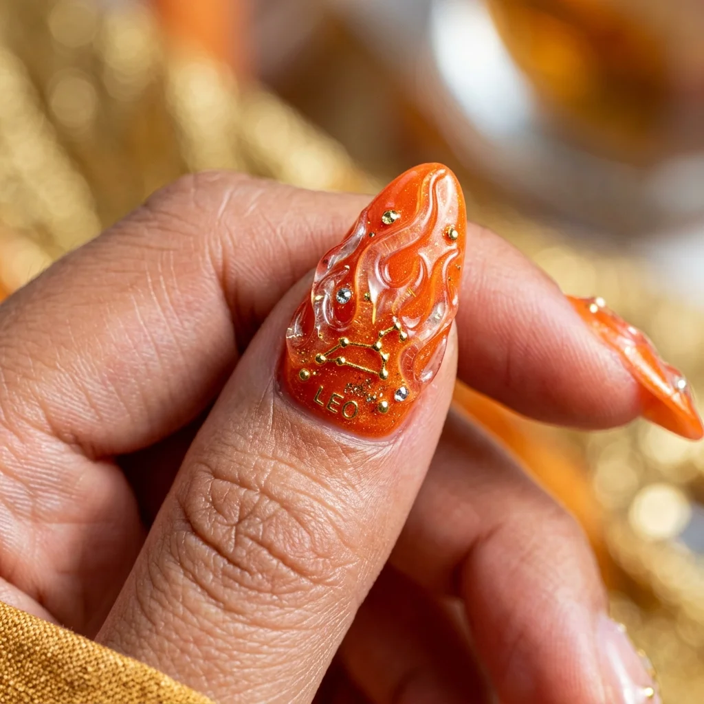 30 Leo Birthday Nails That Are Absolutely Fierce 29 3D sculpted flames nails