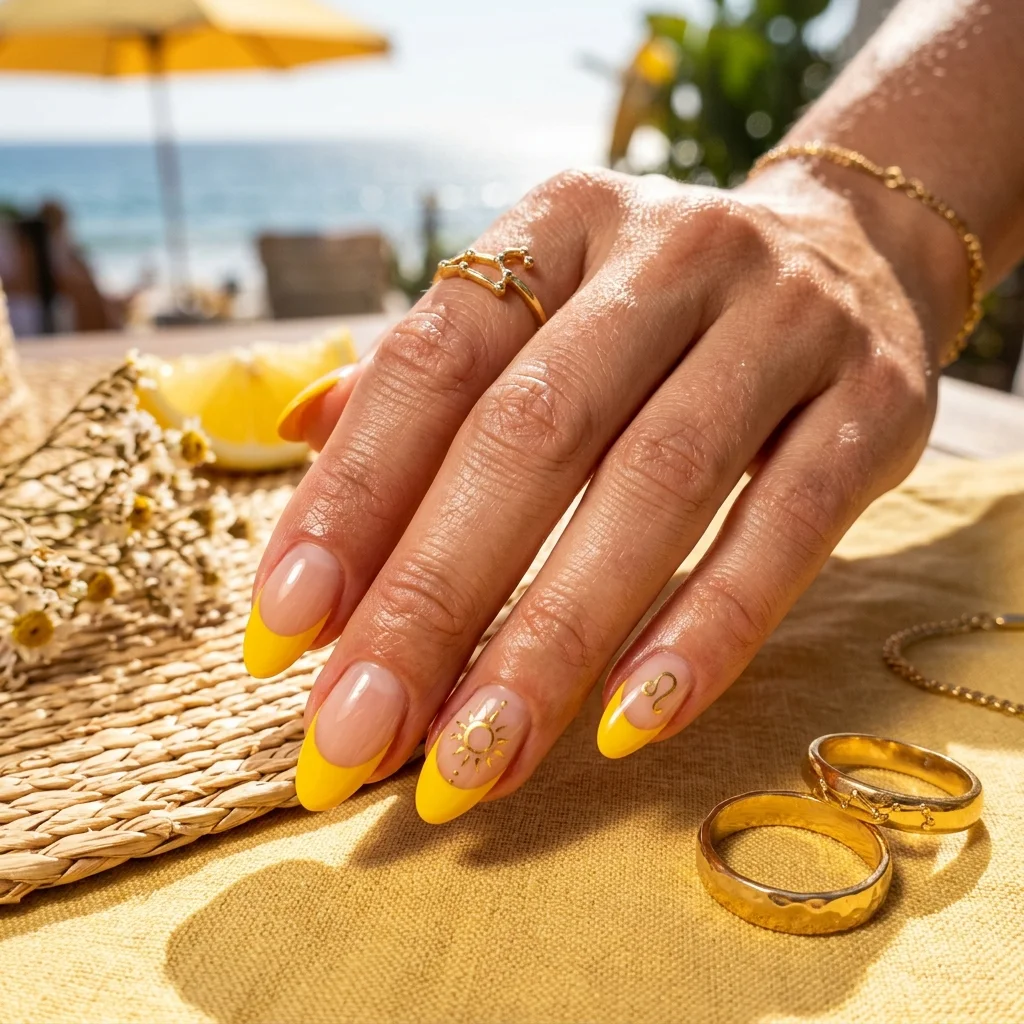 30 Leo Birthday Nails That Are Absolutely Fierce 7 Sun god yellow french tips