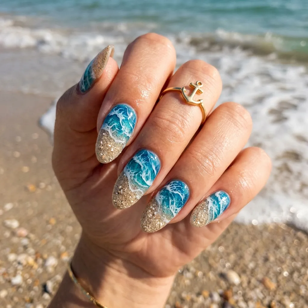 30 Fierce Shark Week Nails 9 Glittering Ocean Sand