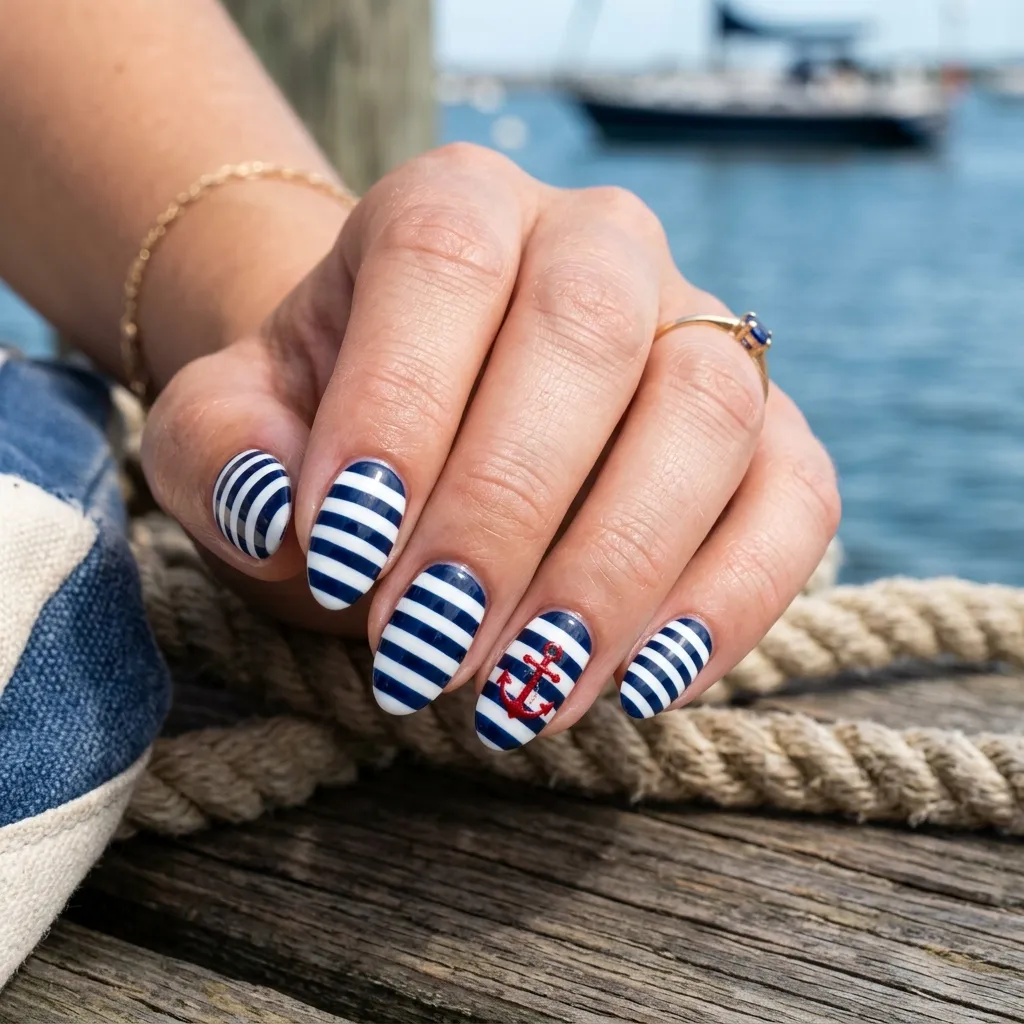 30 Fierce Shark Week Nails 12 Nautical Blue and White Stripes