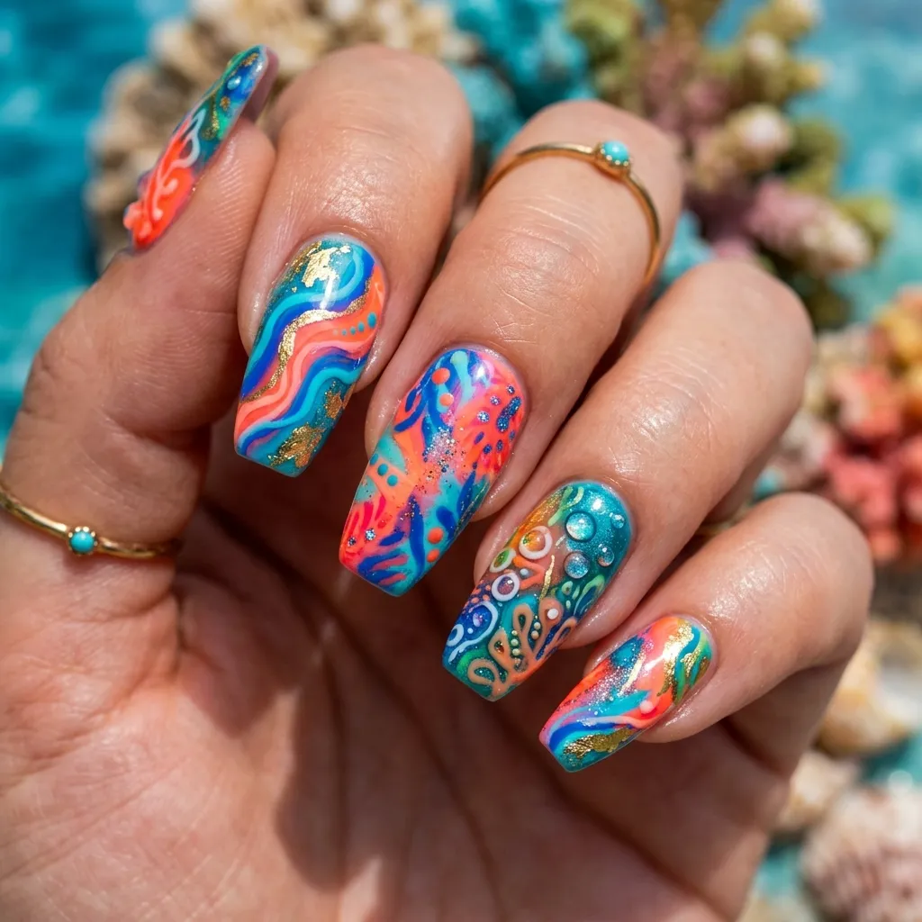 30 Fierce Shark Week Nails 10 Neon Coral Accents