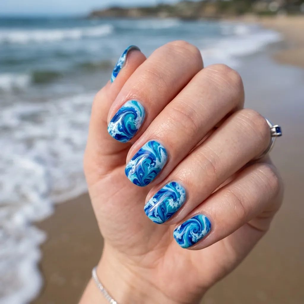 30 Fierce Shark Week Nails 21 Ocean Wave Marbling