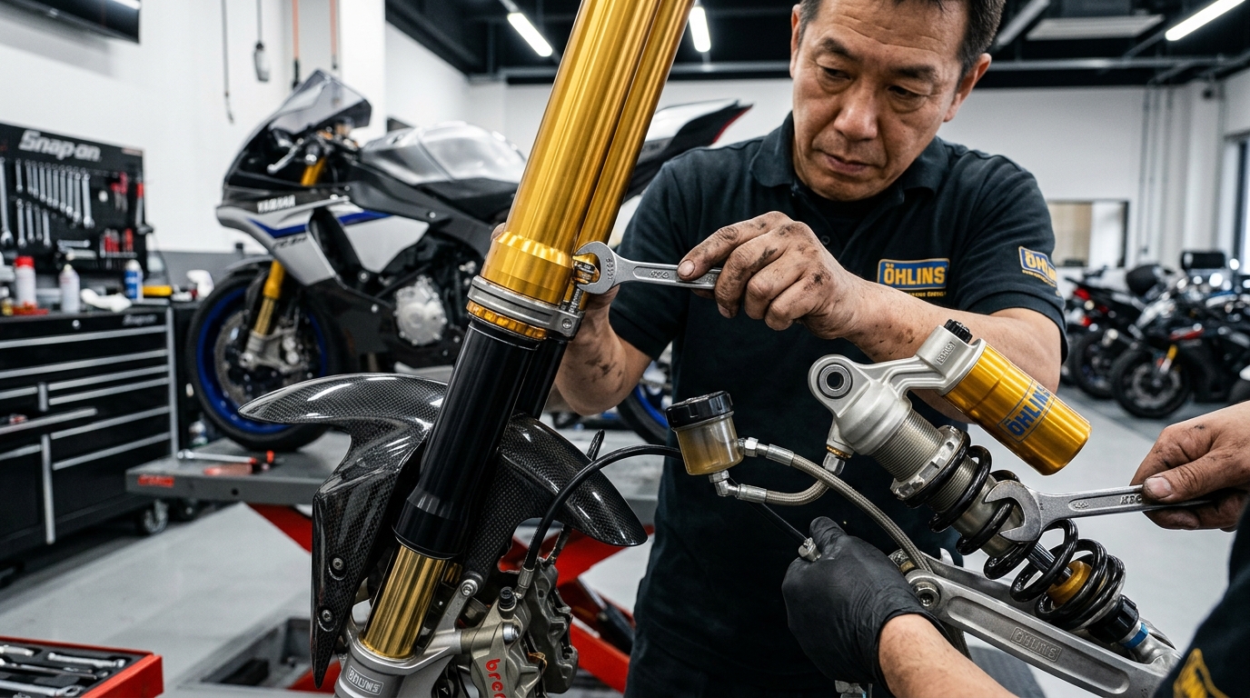 Motorcycle Suspension Setup: Dynamic Sag, Rebound Clickers & Chassis Geometry (AI Generated Image)